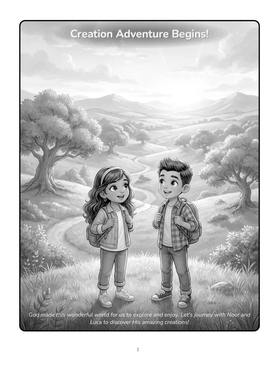 Real interior page 1 (adventure begins) from Noor and Luca's Bible Adventure Activity Book