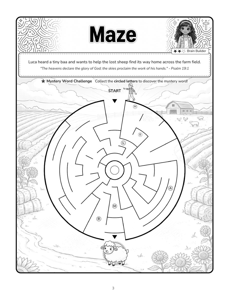 Maze page: guide the lost sheep home through a circular farm maze while collecting mystery-word letters