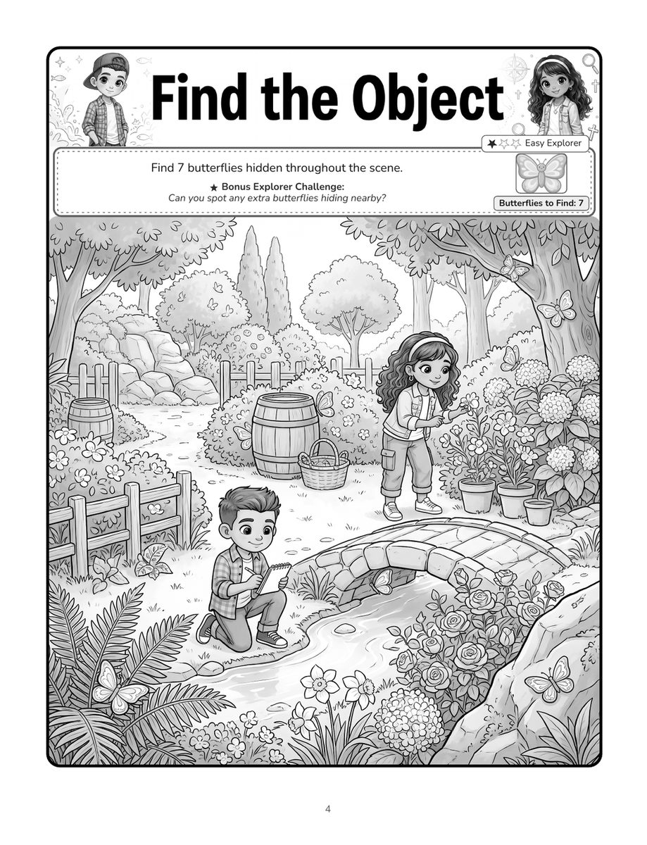 Find the Object page: spot seven butterflies hidden in a detailed garden scene
