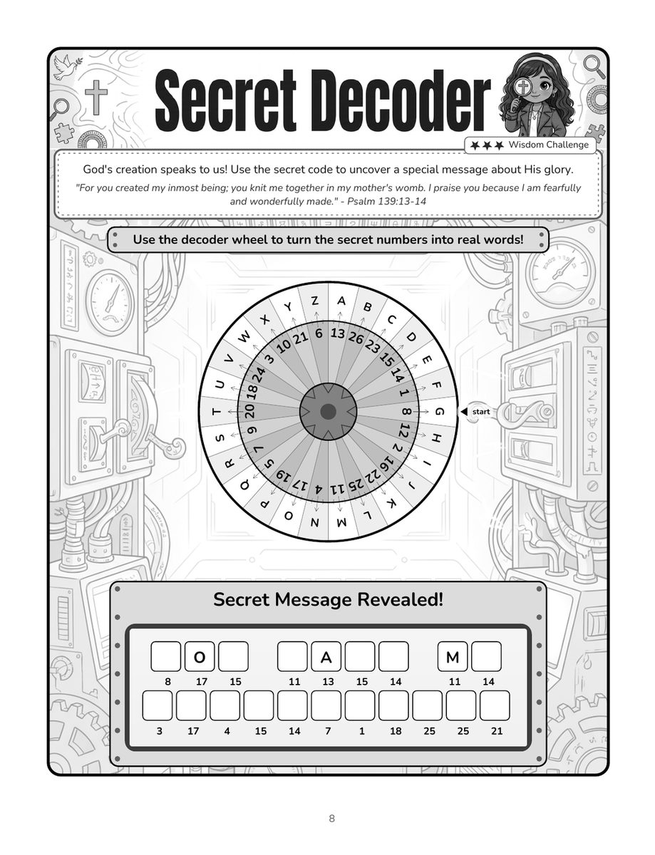 Secret Decoder page: use the decoder wheel to reveal a hidden Bible message