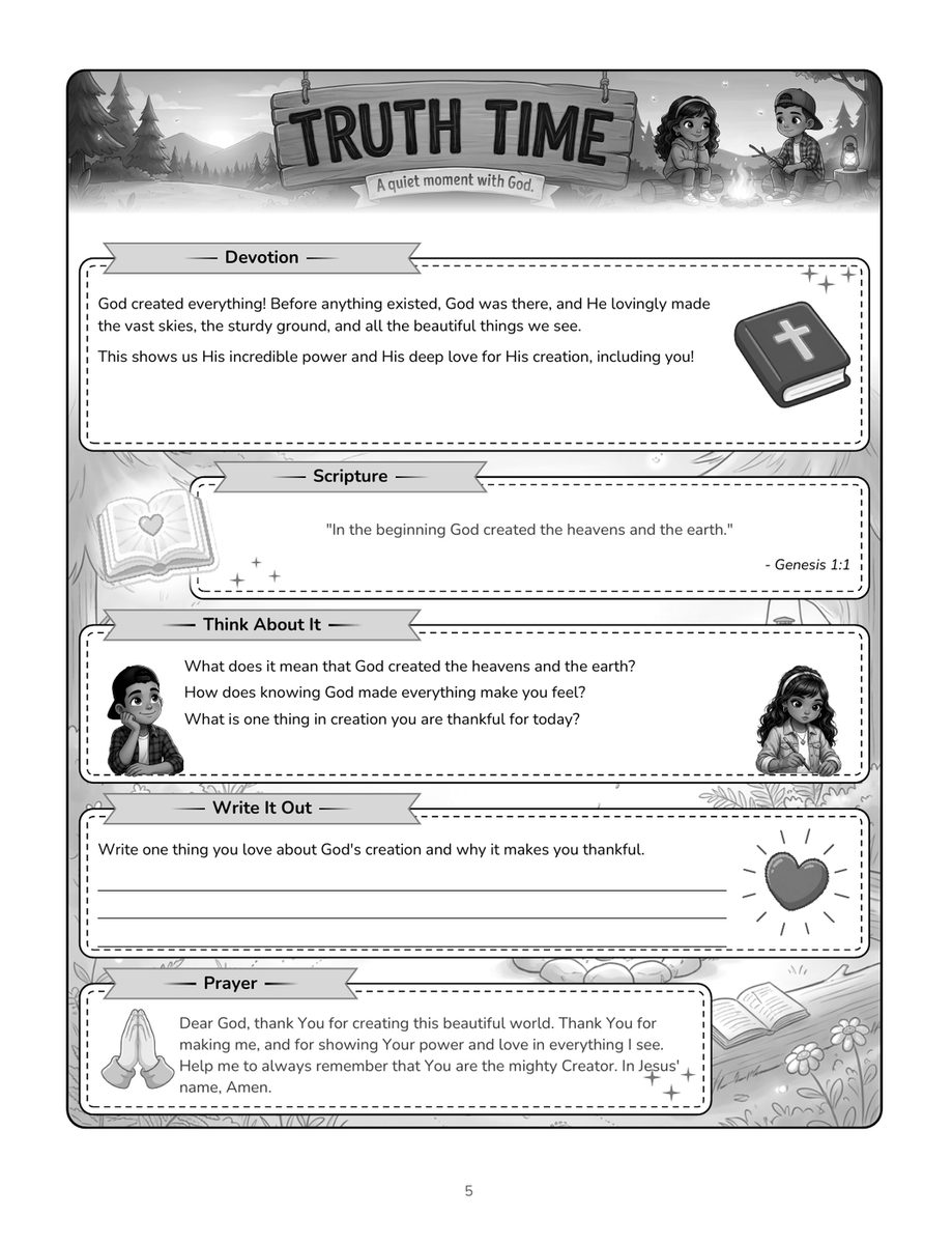 Real interior page 6 (devotion) from Noor and Luca's Bible Adventure Activity Book