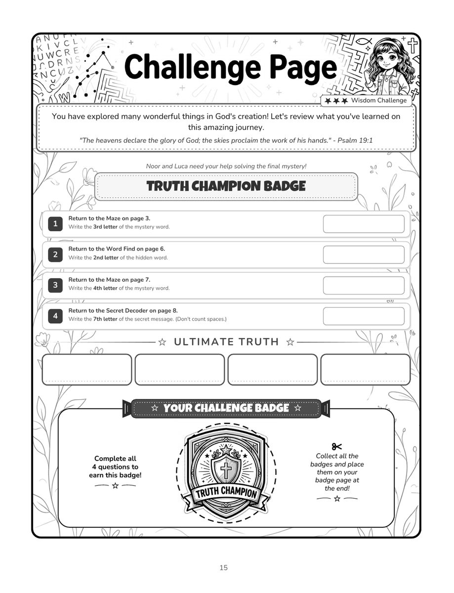 Real interior page 8 (challenge page) from Noor and Luca's Bible Adventure Activity Book