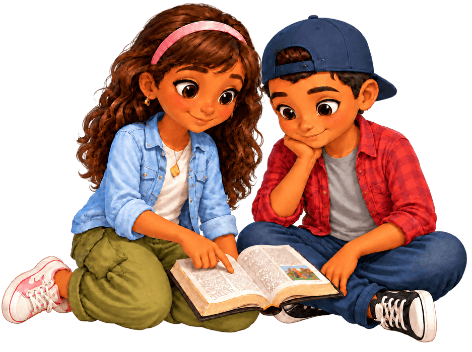 Noor and Luca reading the Bible together