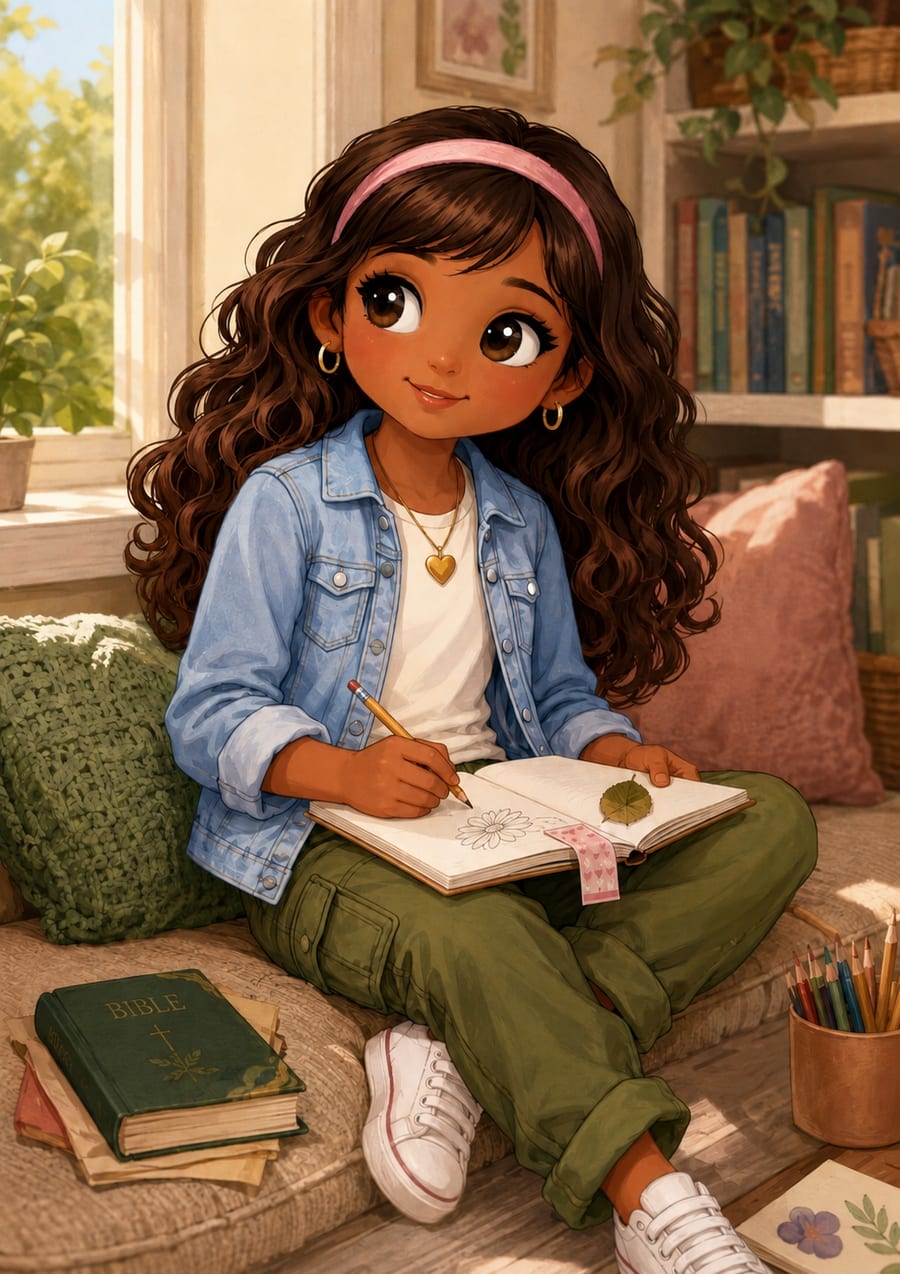 Noor, an eight-year-old girl with long curly brown hair, sketching a flower in her journal in a cozy window nook
